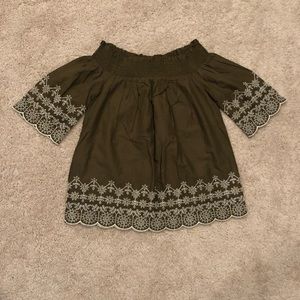 Abercrombie Women’s Off-Shoulder Scallop Olive Green/White Embroidered Top S
